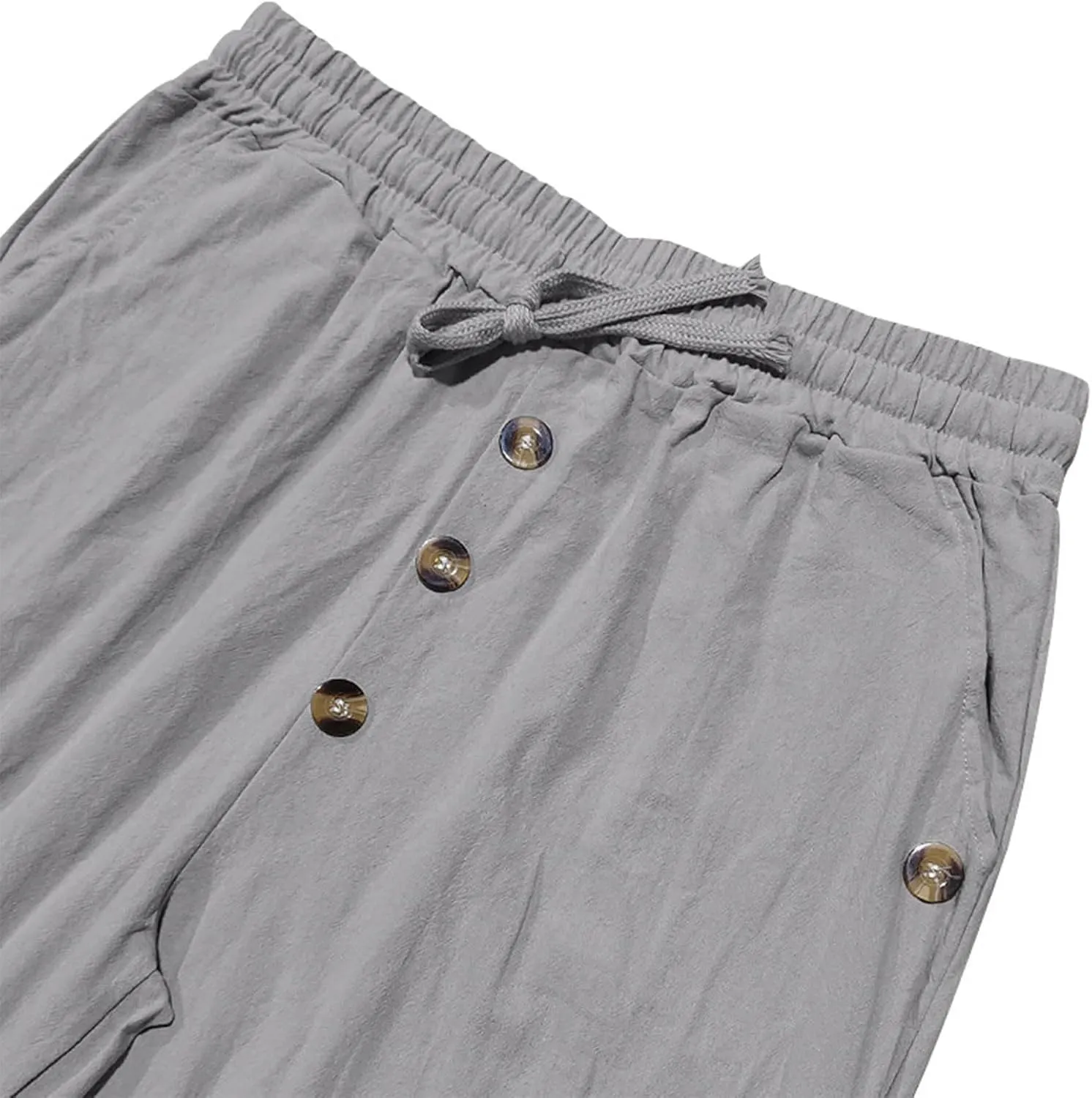 Men's Cotton Linen Pants Summer Elastic Waist Drawstring Trouser with Pockets Casual Solid Color Loose Button Pant