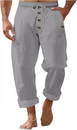 Men's Cotton Linen Pants Summer Elastic Waist Drawstring Trouser with Pockets Casual Solid Color Loose Button Pant