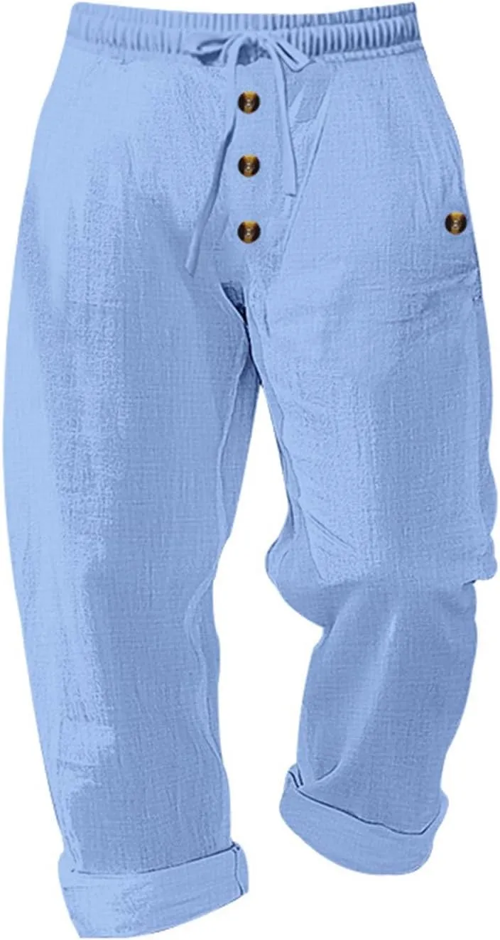 Men's Cotton Linen Pants Summer Elastic Waist Drawstring Trouser with Pockets Casual Solid Color Loose Button Pant