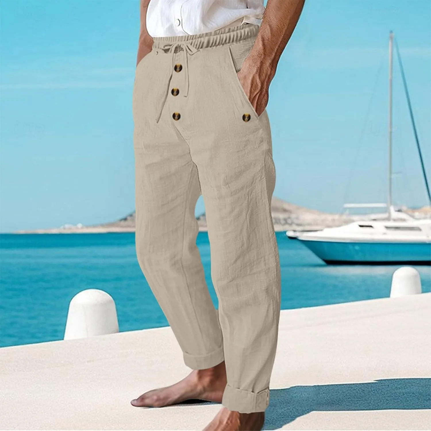 Men's Cotton Linen Pants Summer Elastic Waist Drawstring Trouser with Pockets Casual Solid Color Loose Button Pant