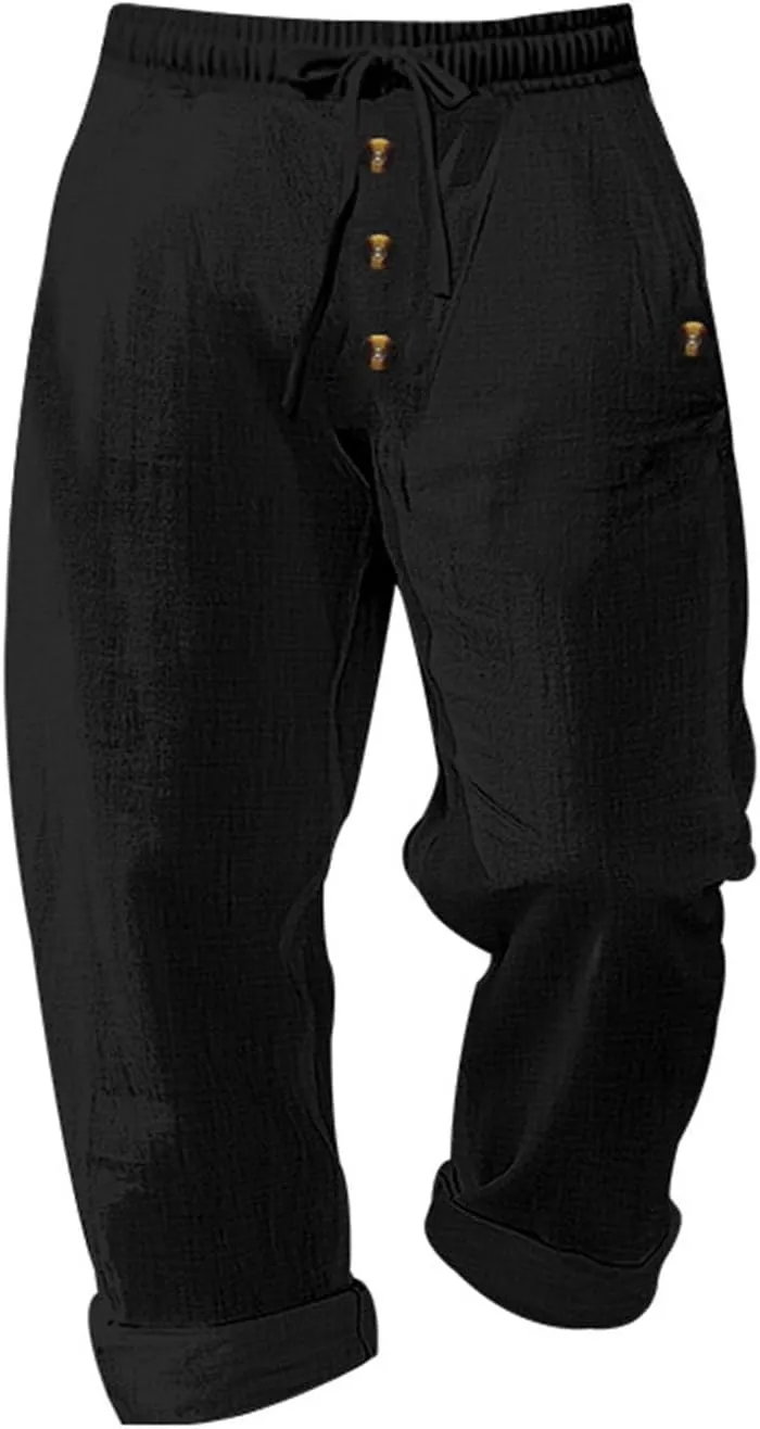 Men's Cotton Linen Pants Summer Elastic Waist Drawstring Trouser with Pockets Casual Solid Color Loose Button Pant