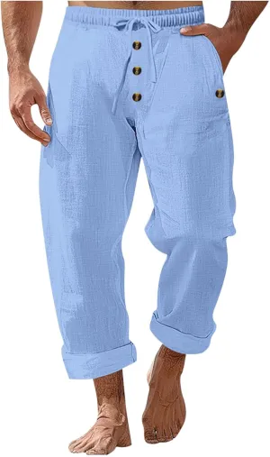 Men's Cotton Linen Pants Summer Elastic Waist Drawstring Trouser with Pockets Casual Solid Color Loose Button Pant