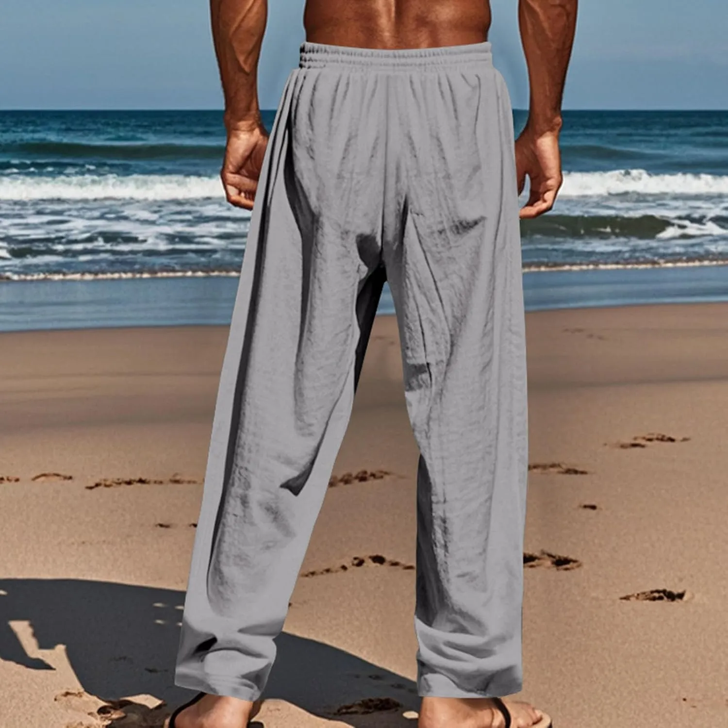 Men's Cotton Linen Pants Summer Elastic Waist Drawstring Trouser with Pockets Casual Solid Color Loose Button Pant