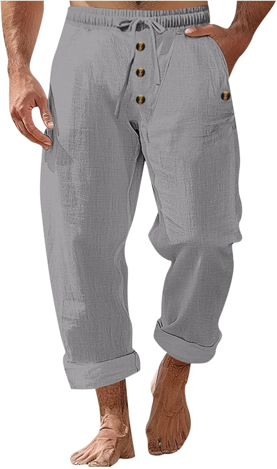 Men's Cotton Linen Pants Summer Elastic Waist Drawstring Trouser with Pockets Casual Solid Color Loose Button Pant