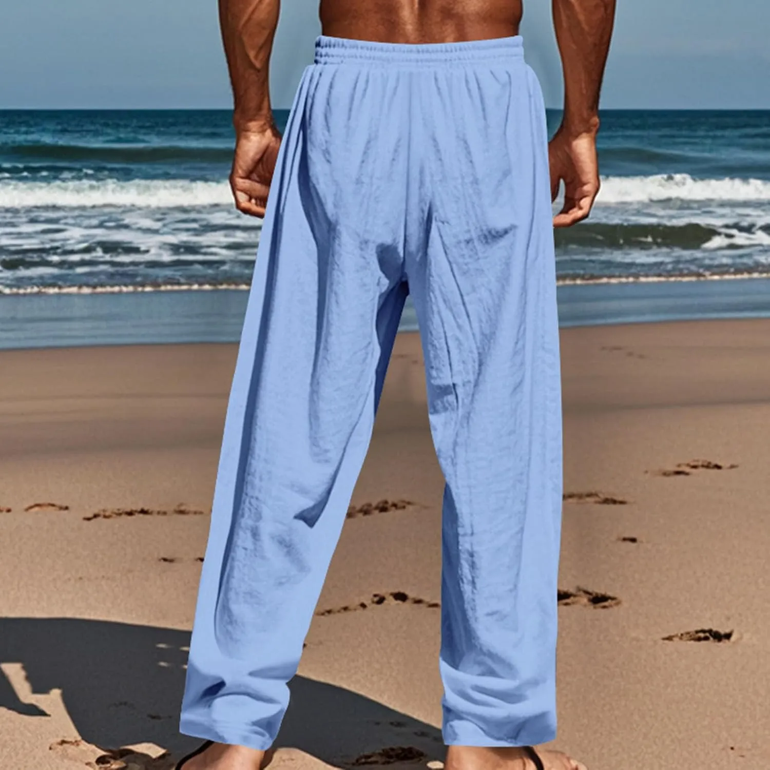 Men's Cotton Linen Pants Summer Elastic Waist Drawstring Trouser with Pockets Casual Solid Color Loose Button Pant