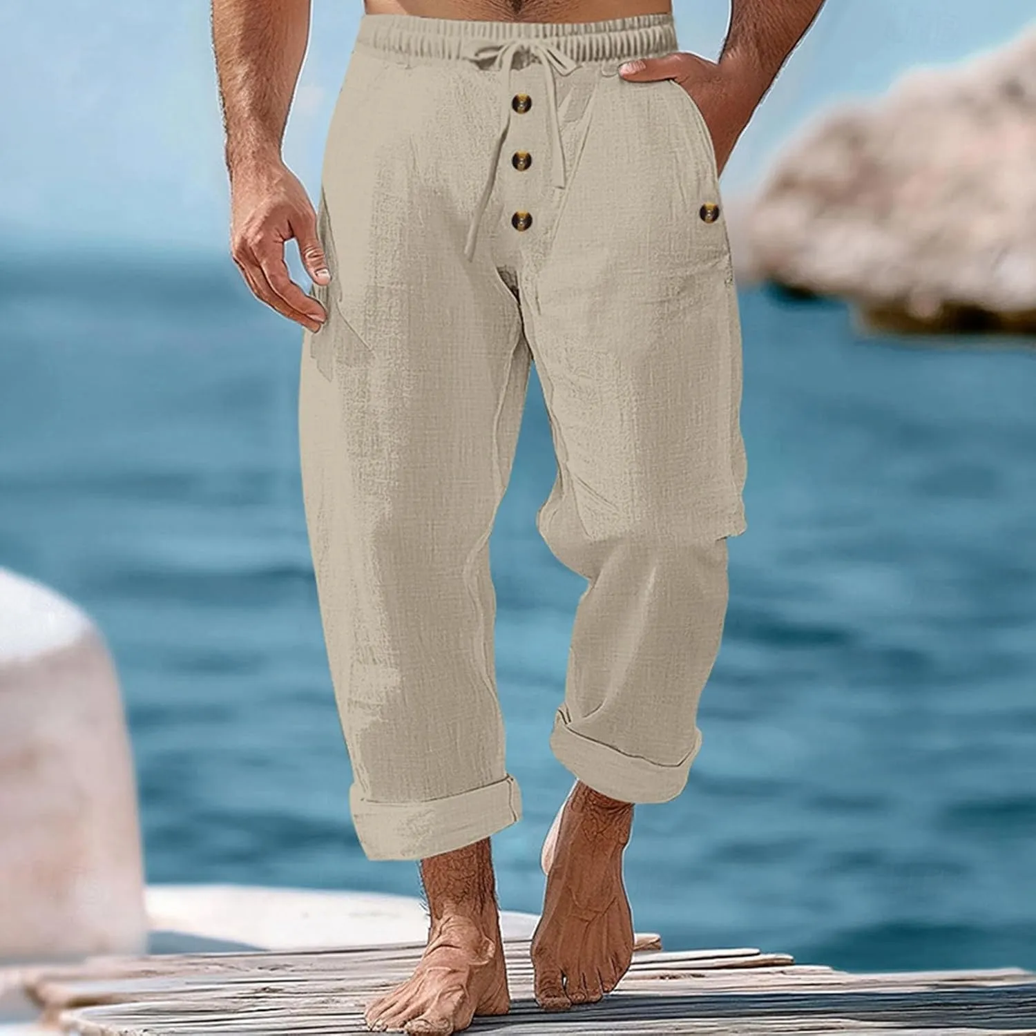 Men's Cotton Linen Pants Summer Elastic Waist Drawstring Trouser with Pockets Casual Solid Color Loose Button Pant