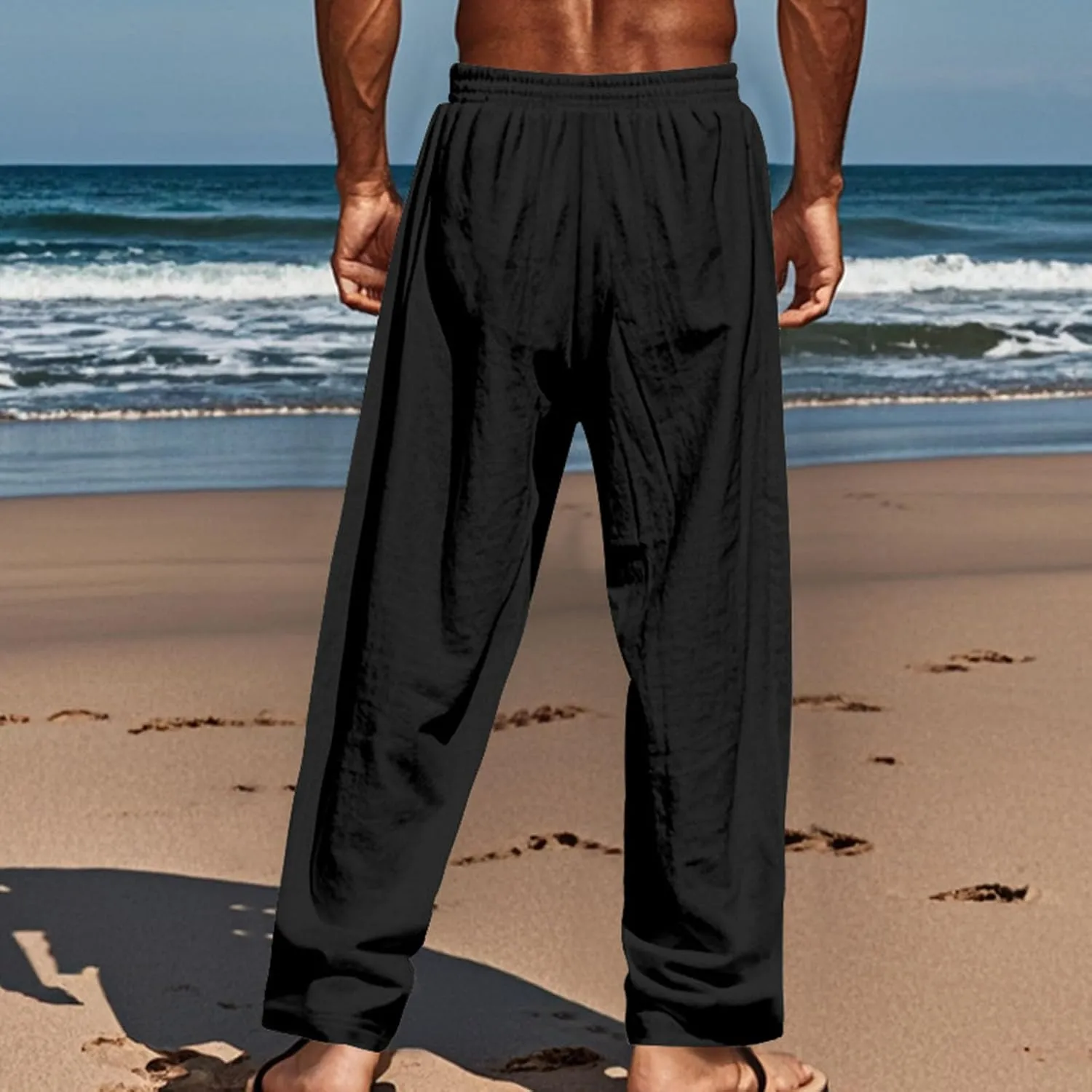 Men's Cotton Linen Pants Summer Elastic Waist Drawstring Trouser with Pockets Casual Solid Color Loose Button Pant