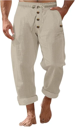 Men's Cotton Linen Pants Summer Elastic Waist Drawstring Trouser with Pockets Casual Solid Color Loose Button Pant