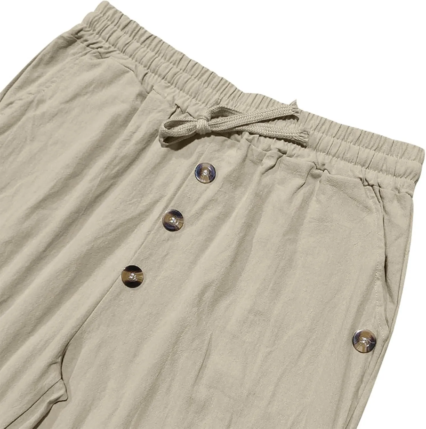 Men's Cotton Linen Pants Summer Elastic Waist Drawstring Trouser with Pockets Casual Solid Color Loose Button Pant