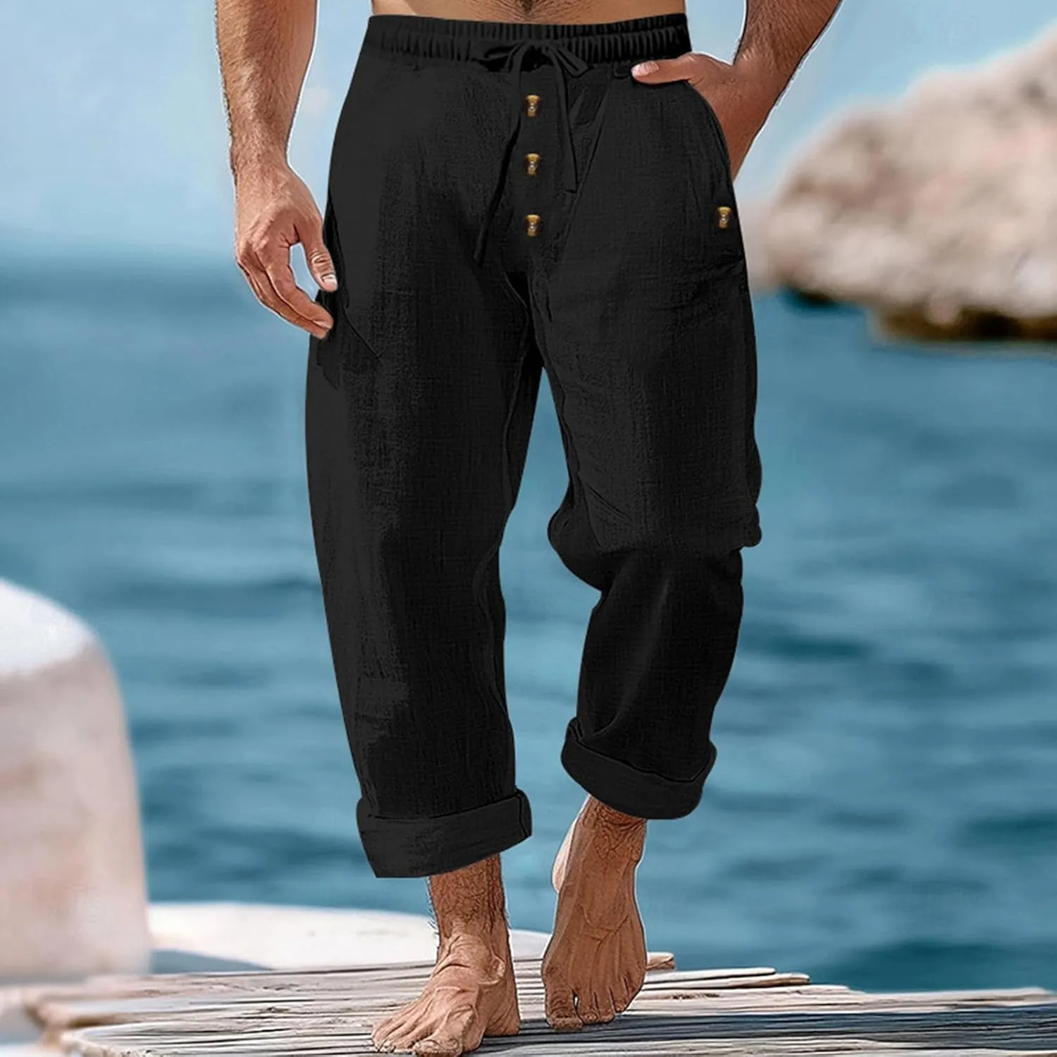 Men's Cotton Linen Pants Summer Elastic Waist Drawstring Trouser with Pockets Casual Solid Color Loose Button Pant