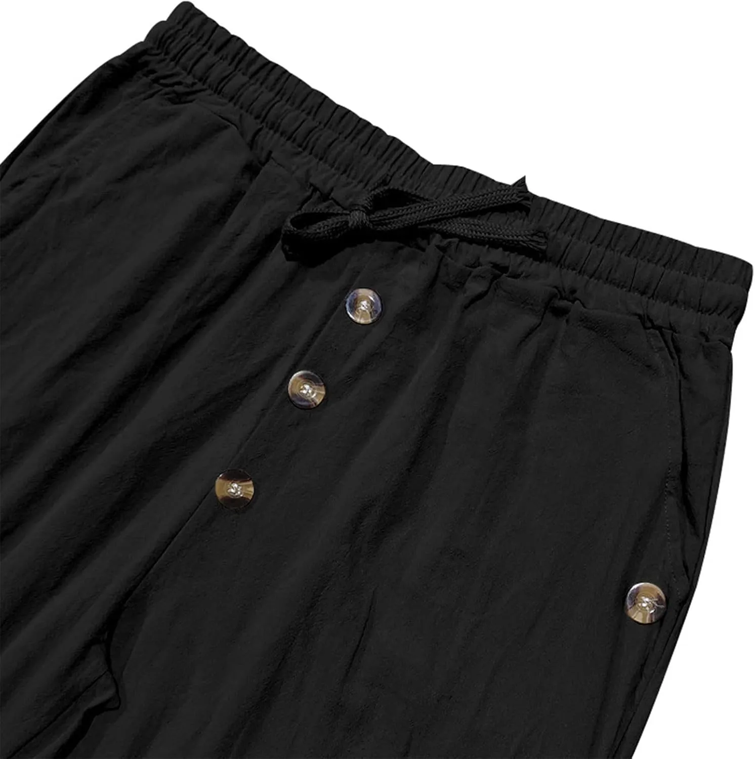 Men's Cotton Linen Pants Summer Elastic Waist Drawstring Trouser with Pockets Casual Solid Color Loose Button Pant