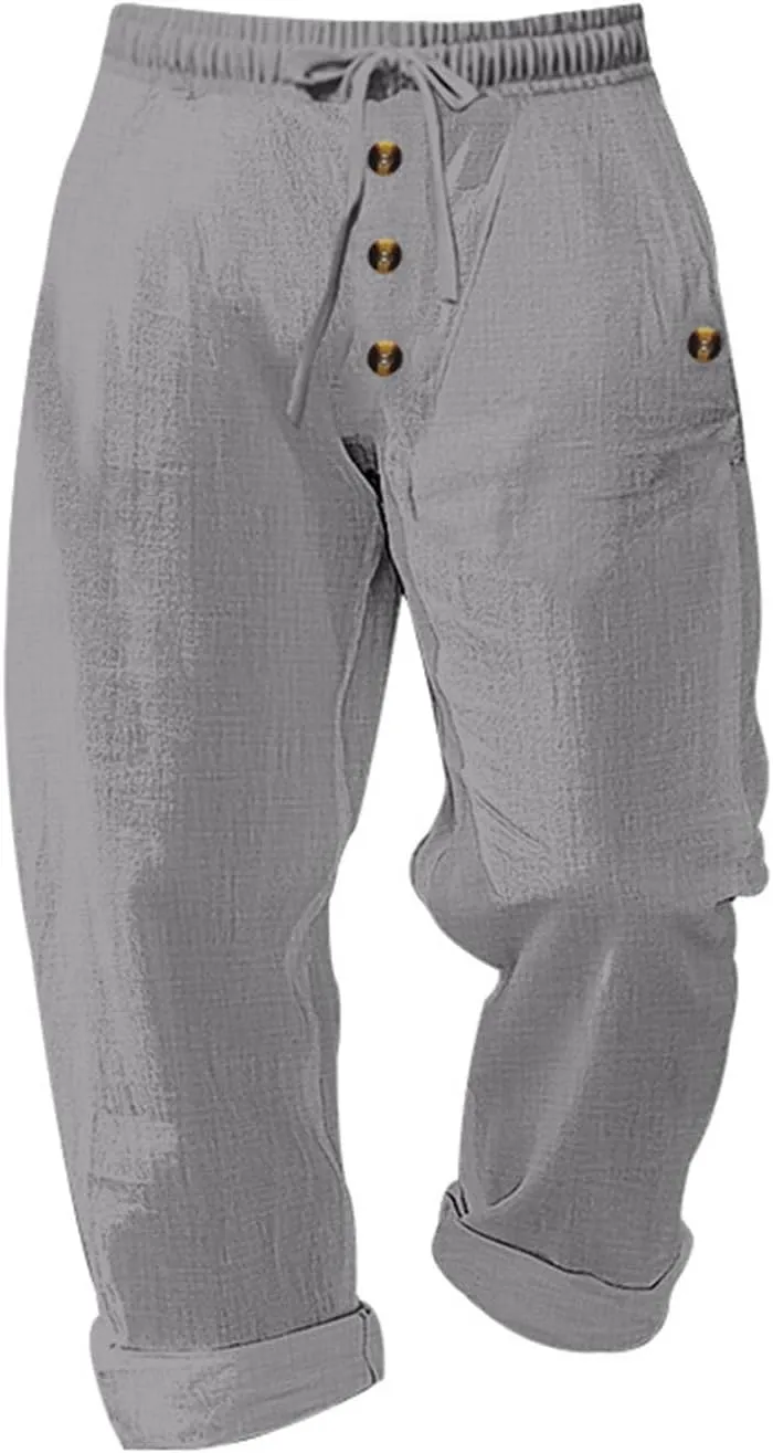 Men's Cotton Linen Pants Summer Elastic Waist Drawstring Trouser with Pockets Casual Solid Color Loose Button Pant