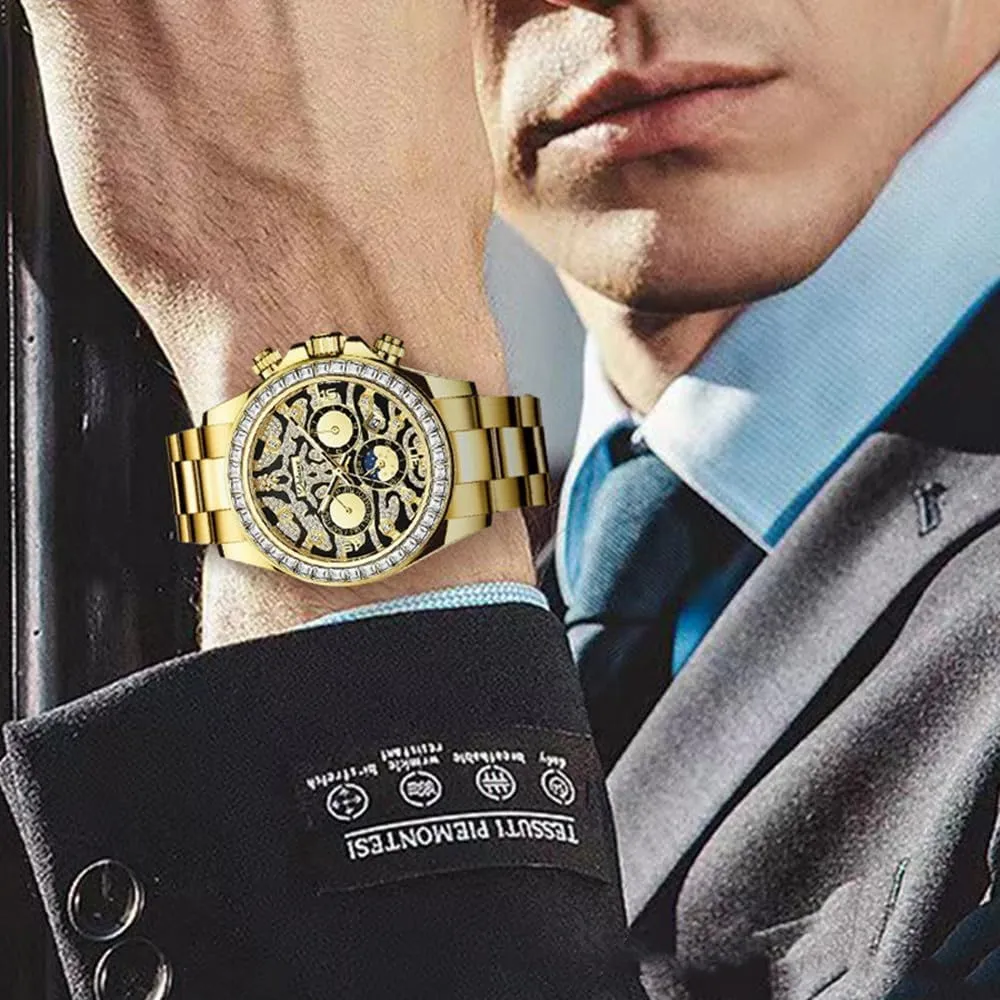 Men's Gold Luxury Diamond Watch Tiger Texture Moon Phase Self-Winding Mechanical Automatic Watches Retro Tattoo Dial Stainless Steel Wristwatch
