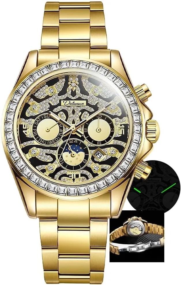 Men's Gold Luxury Diamond Watch Tiger Texture Moon Phase Self-Winding Mechanical Automatic Watches Retro Tattoo Dial Stainless Steel Wristwatch