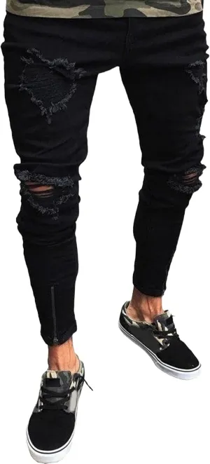 Mens Jeans Ripped Slim Fit Jean Feet Pants Skinny Hole Stretch Cowboy Trousers Simple Trendy Tapered Pant