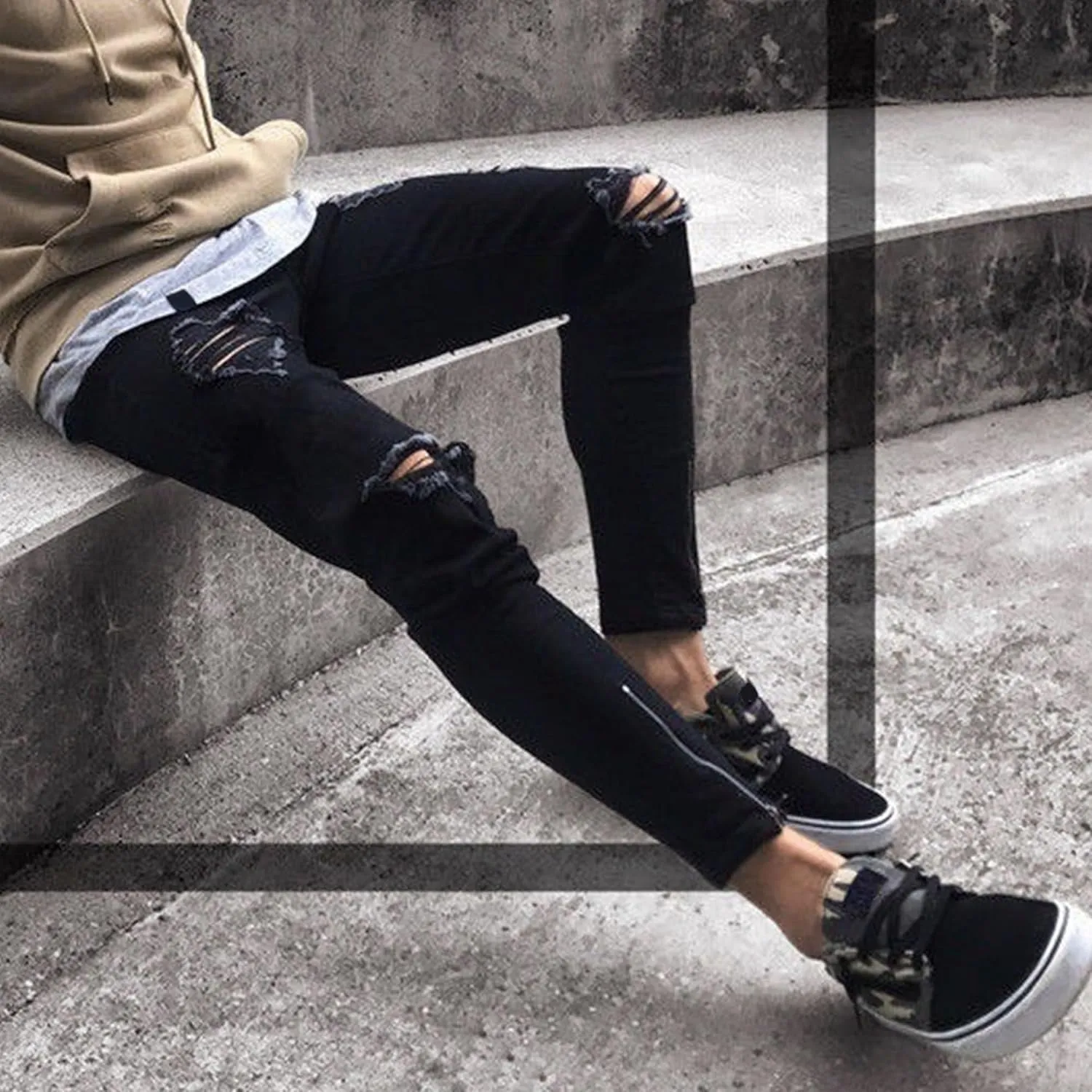Mens Jeans Ripped Slim Fit Jean Feet Pants Skinny Hole Stretch Cowboy Trousers Simple Trendy Tapered Pant