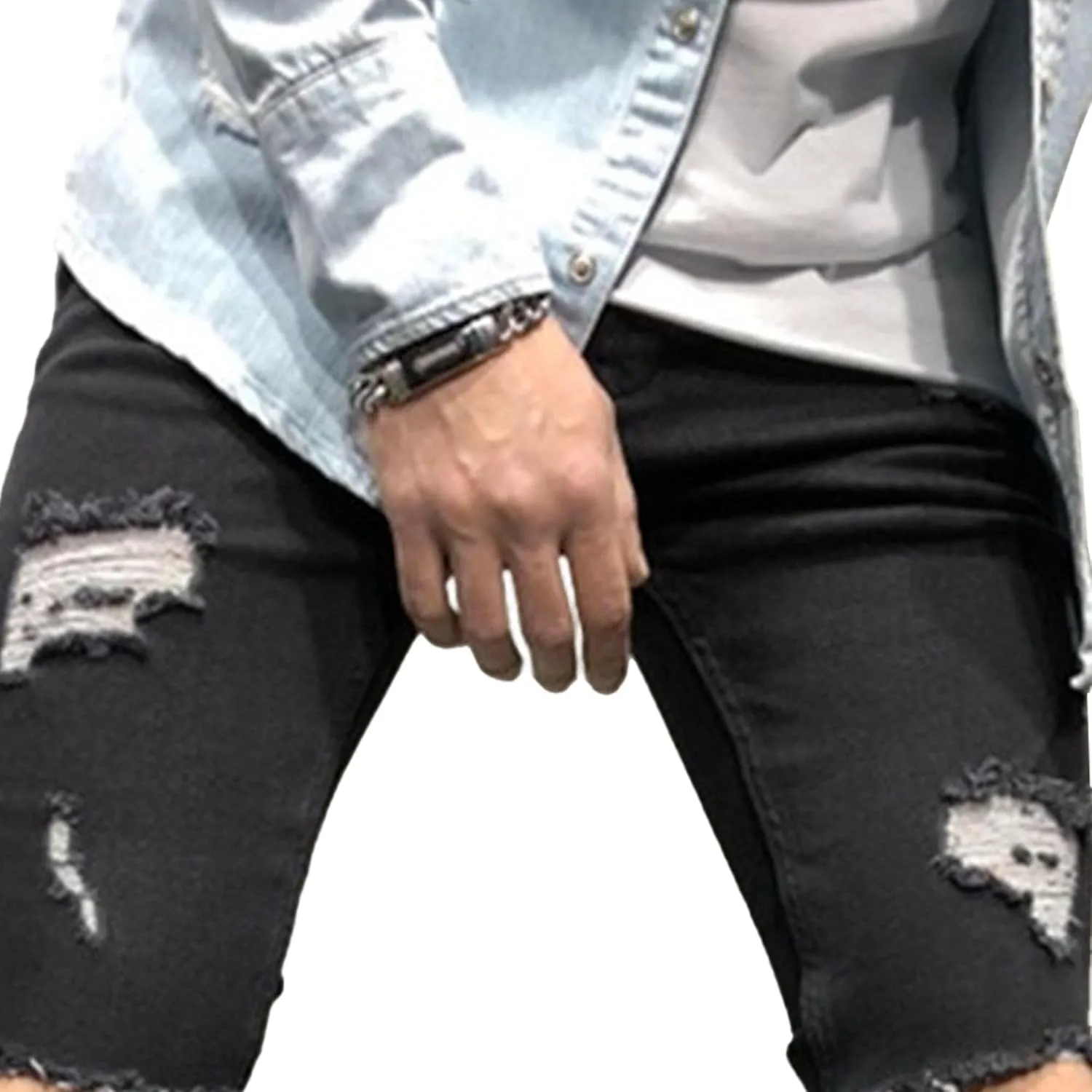 Mens Jeans Ripped Slim Fit Jean Feet Pants Skinny Hole Stretch Cowboy Trousers Simple Trendy Tapered Pant
