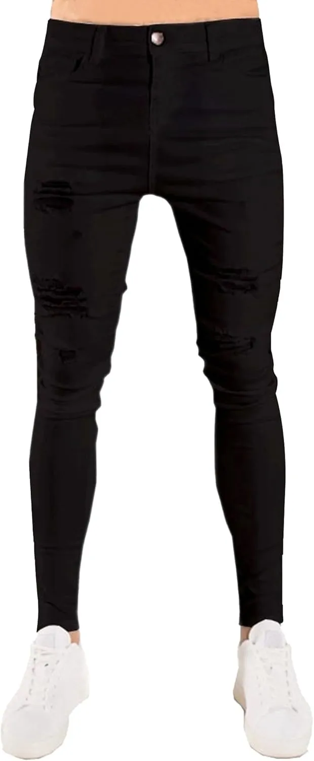 Mens Jeans Ripped Slim Fit Jean Feet Pants Skinny Hole Stretch Cowboy Trousers Simple Trendy Tapered Pant