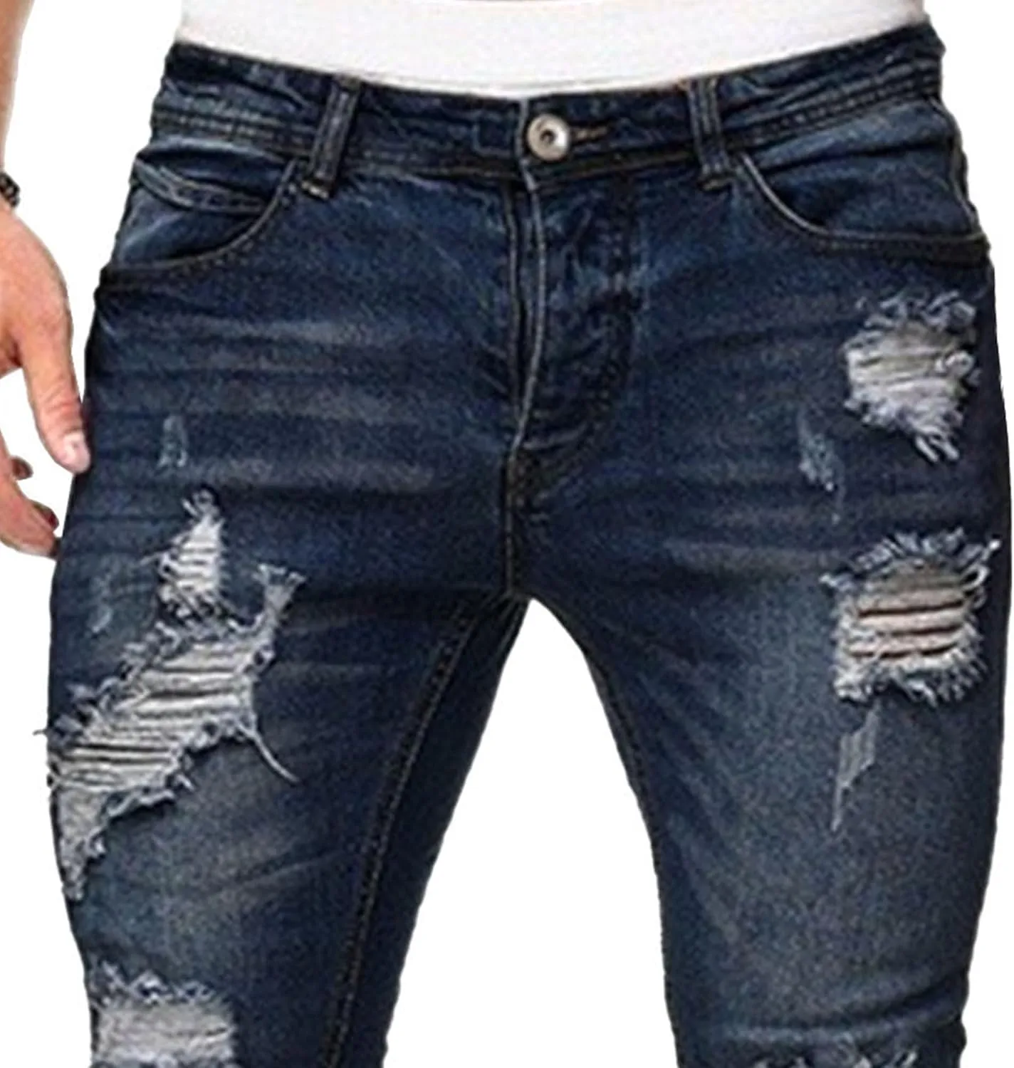 Mens Jeans Ripped Slim Fit Jean Feet Pants Skinny Hole Stretch Cowboy Trousers Simple Trendy Tapered Pant