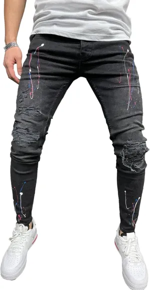 Mens Jeans Ripped Slim Fit Jean Feet Pants Skinny Hole Stretch Cowboy Trousers Simple Trendy Tapered Pant