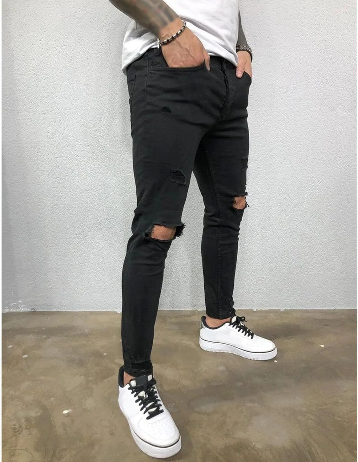 Mens Jeans Ripped Slim Fit Jean Feet Pants Skinny Hole Stretch Cowboy Trousers Simple Trendy Tapered Pant