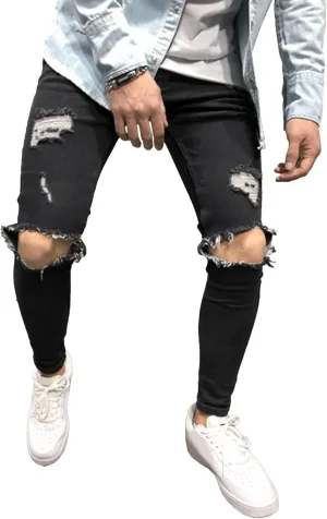 Mens Jeans Ripped Slim Fit Jean Feet Pants Skinny Hole Stretch Cowboy Trousers Simple Trendy Tapered Pant