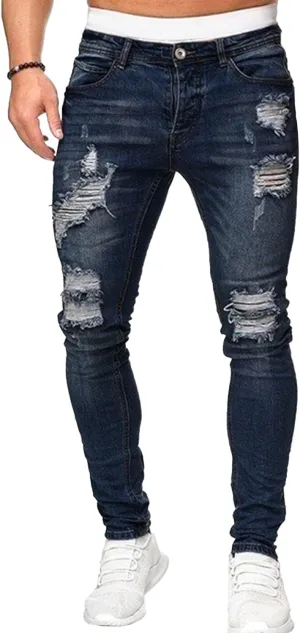 Mens Jeans Ripped Slim Fit Jean Feet Pants Skinny Hole Stretch Cowboy Trousers Simple Trendy Tapered Pant