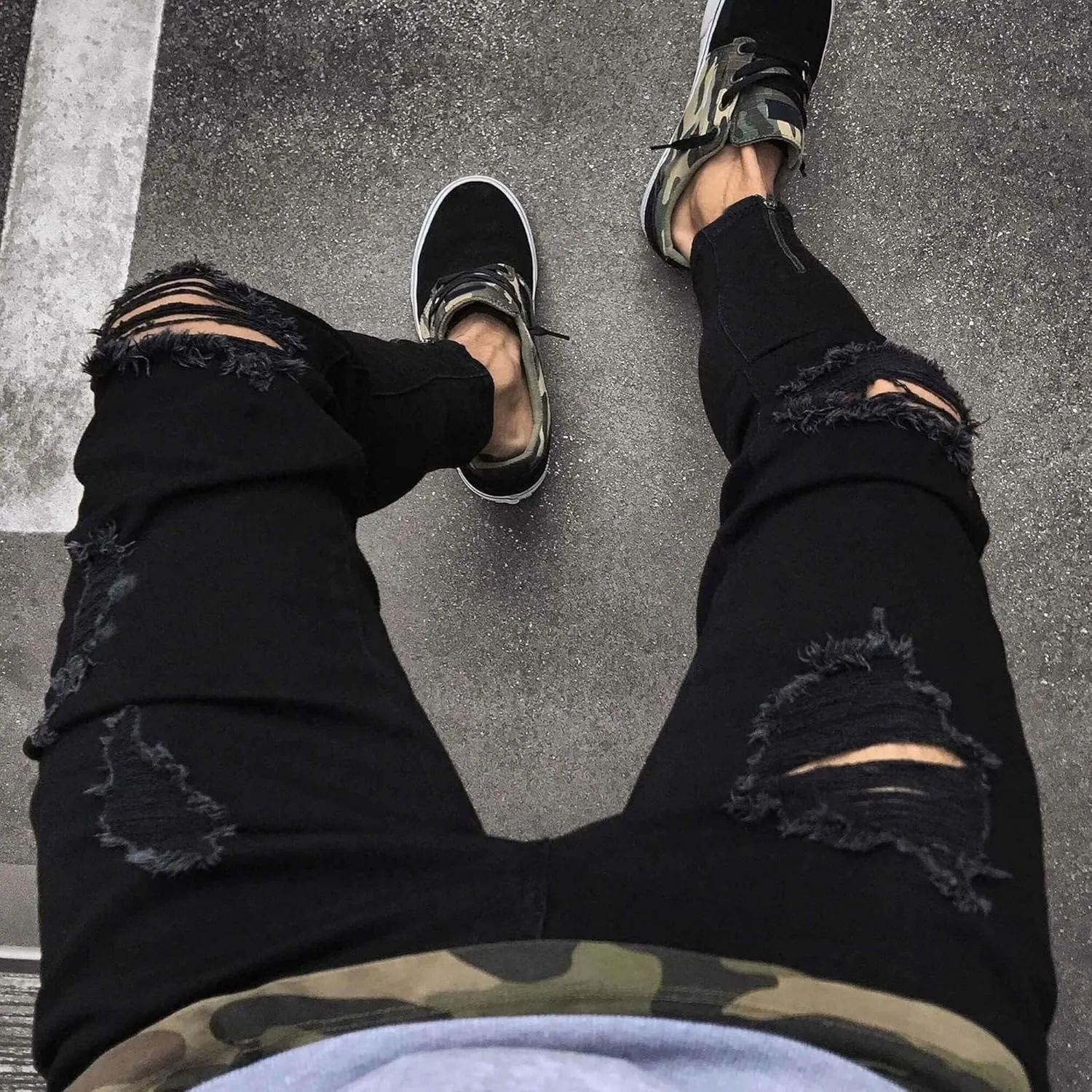 Mens Jeans Ripped Slim Fit Jean Feet Pants Skinny Hole Stretch Cowboy Trousers Simple Trendy Tapered Pant
