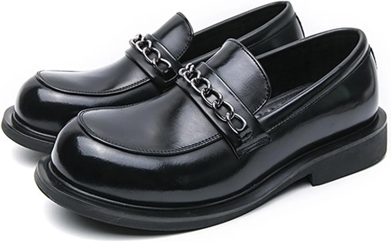 Men's Leather Chain Platform Loafers Fashion Luxury Round Toe Slip-On Non-Slip Dress Shoes for Business Work Office