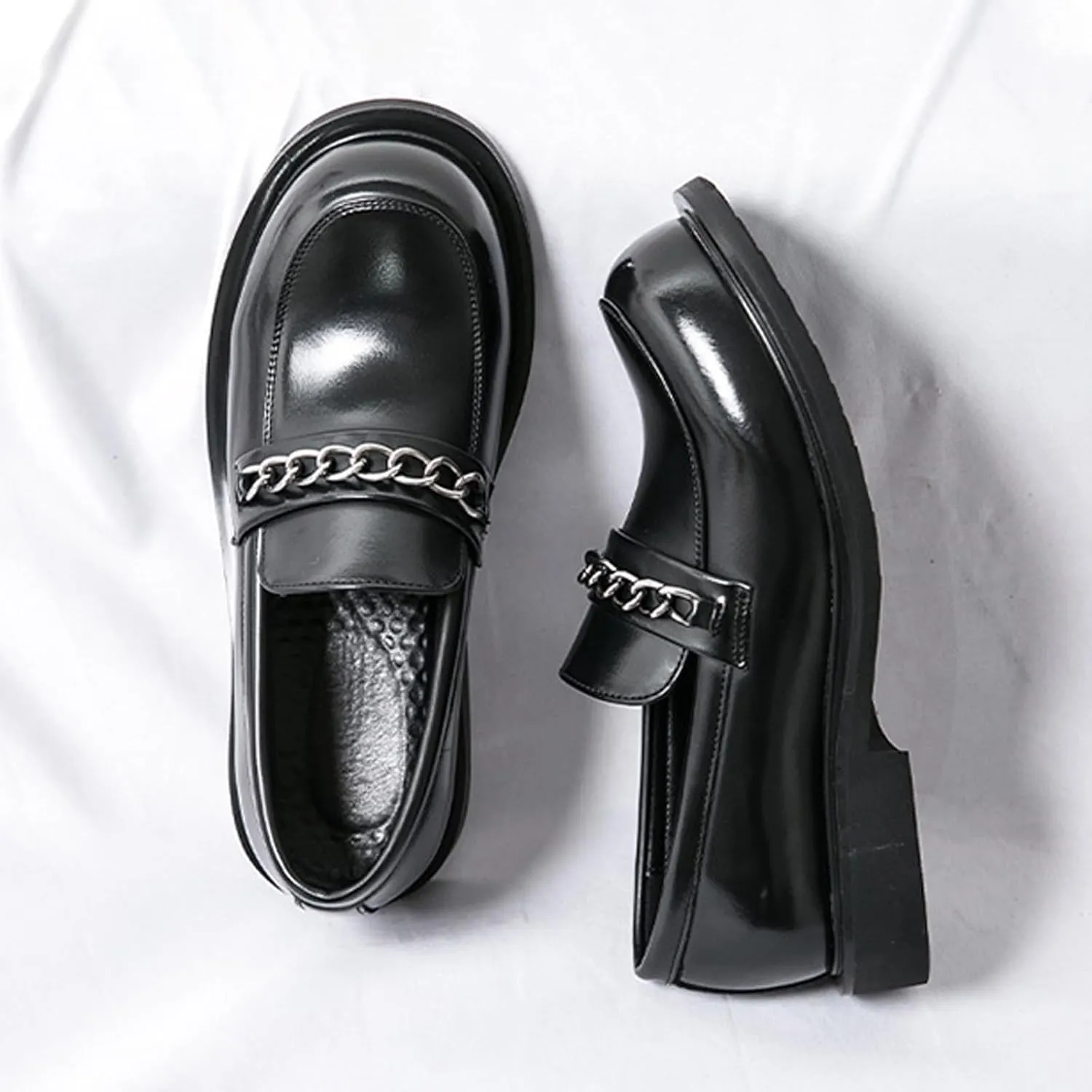 Men's Leather Chain Platform Loafers Fashion Luxury Round Toe Slip-On Non-Slip Dress Shoes for Business Work Office