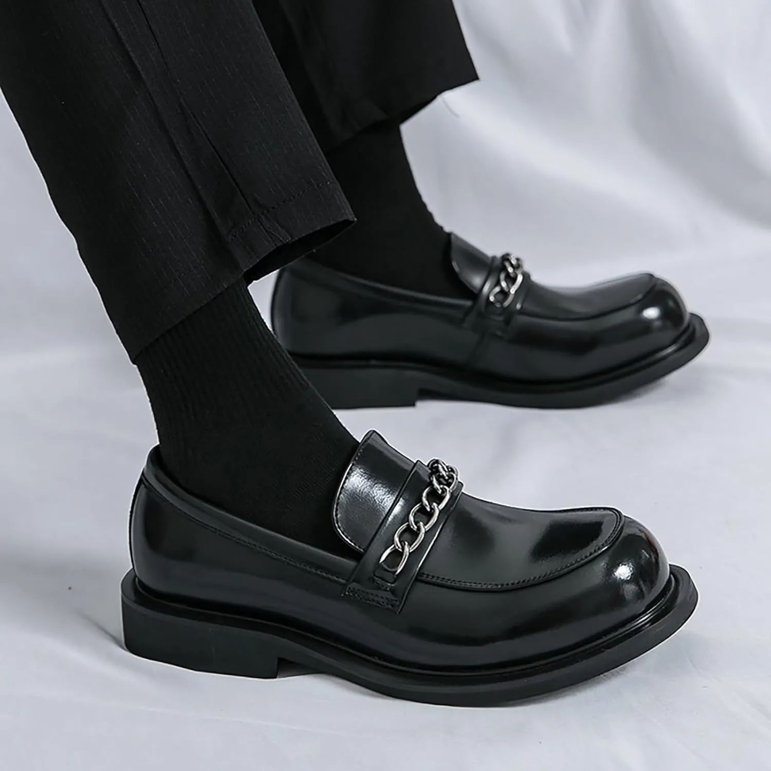 Men's Leather Chain Platform Loafers Fashion Luxury Round Toe Slip-On Non-Slip Dress Shoes for Business Work Office