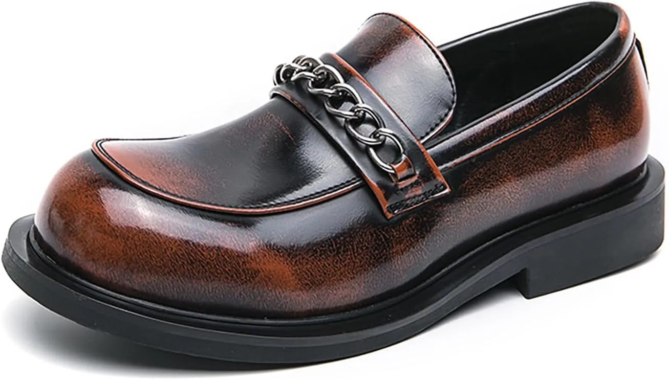 Men's Leather Chain Platform Loafers Fashion Luxury Round Toe Slip-On Non-Slip Dress Shoes for Business Work Office