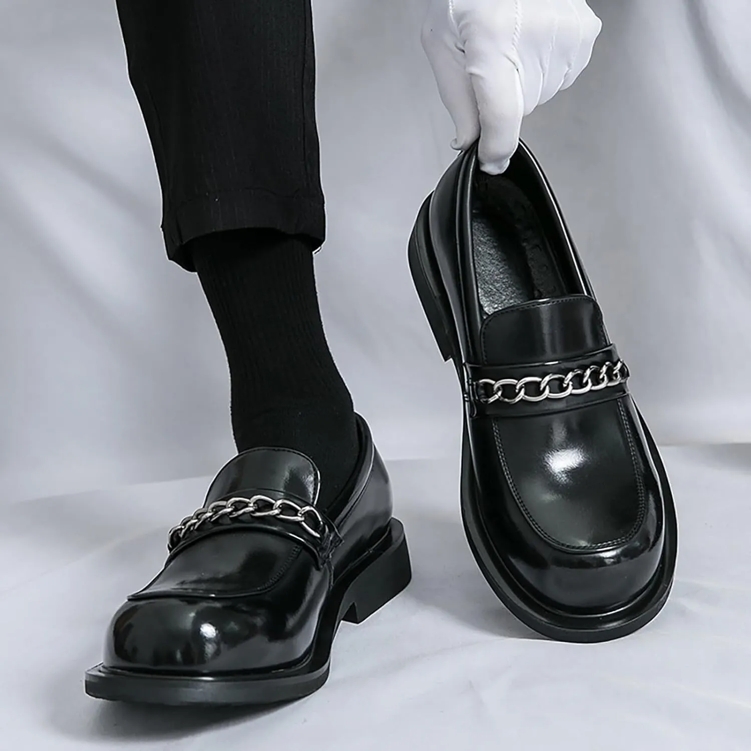Men's Leather Chain Platform Loafers Fashion Luxury Round Toe Slip-On Non-Slip Dress Shoes for Business Work Office