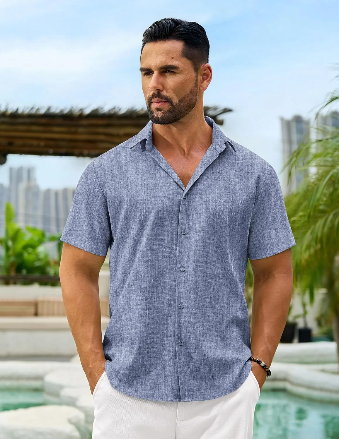 Men's Linen Shirts Short Sleeve Casual Button Down Shirts Summer Beach Wedding Vacation Cotton Tops