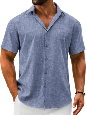 Men's Linen Shirts Short Sleeve Casual Button Down Shirts Summer Beach Wedding Vacation Cotton Tops