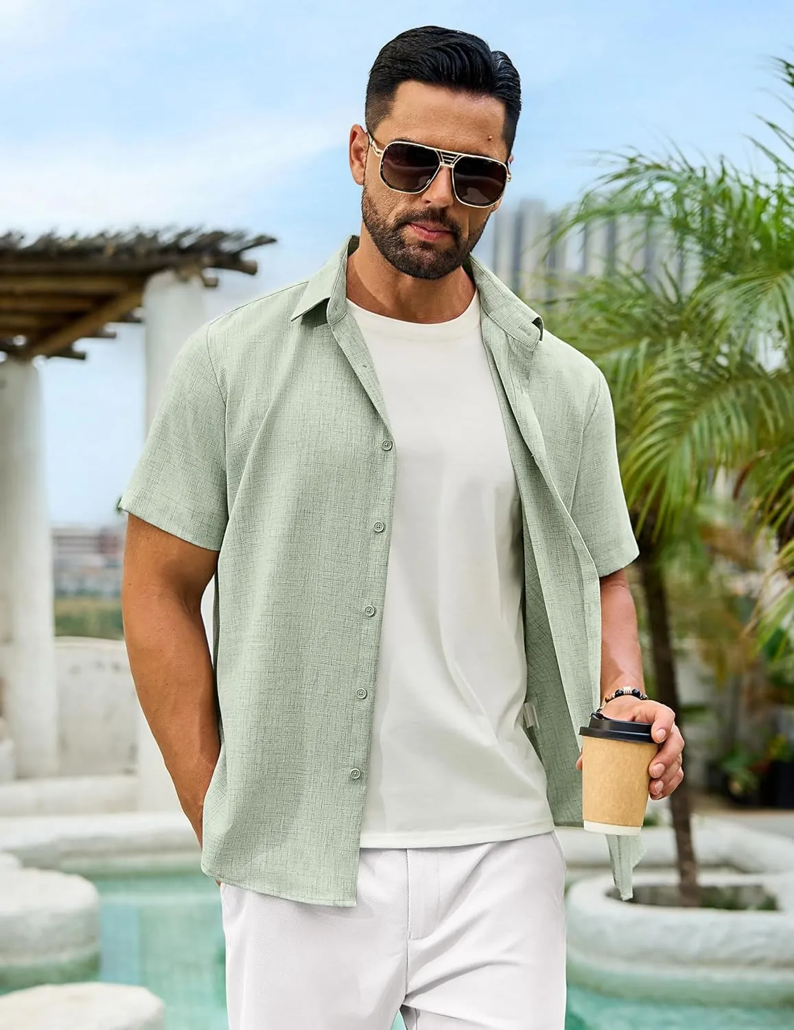 Men's Linen Shirts Short Sleeve Casual Button Down Shirts Summer Beach Wedding Vacation Cotton Tops