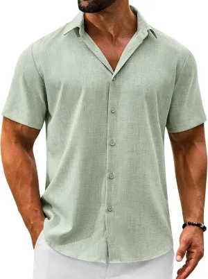 Men's Linen Shirts Short Sleeve Casual Button Down Shirts Summer Beach Wedding Vacation Cotton Tops