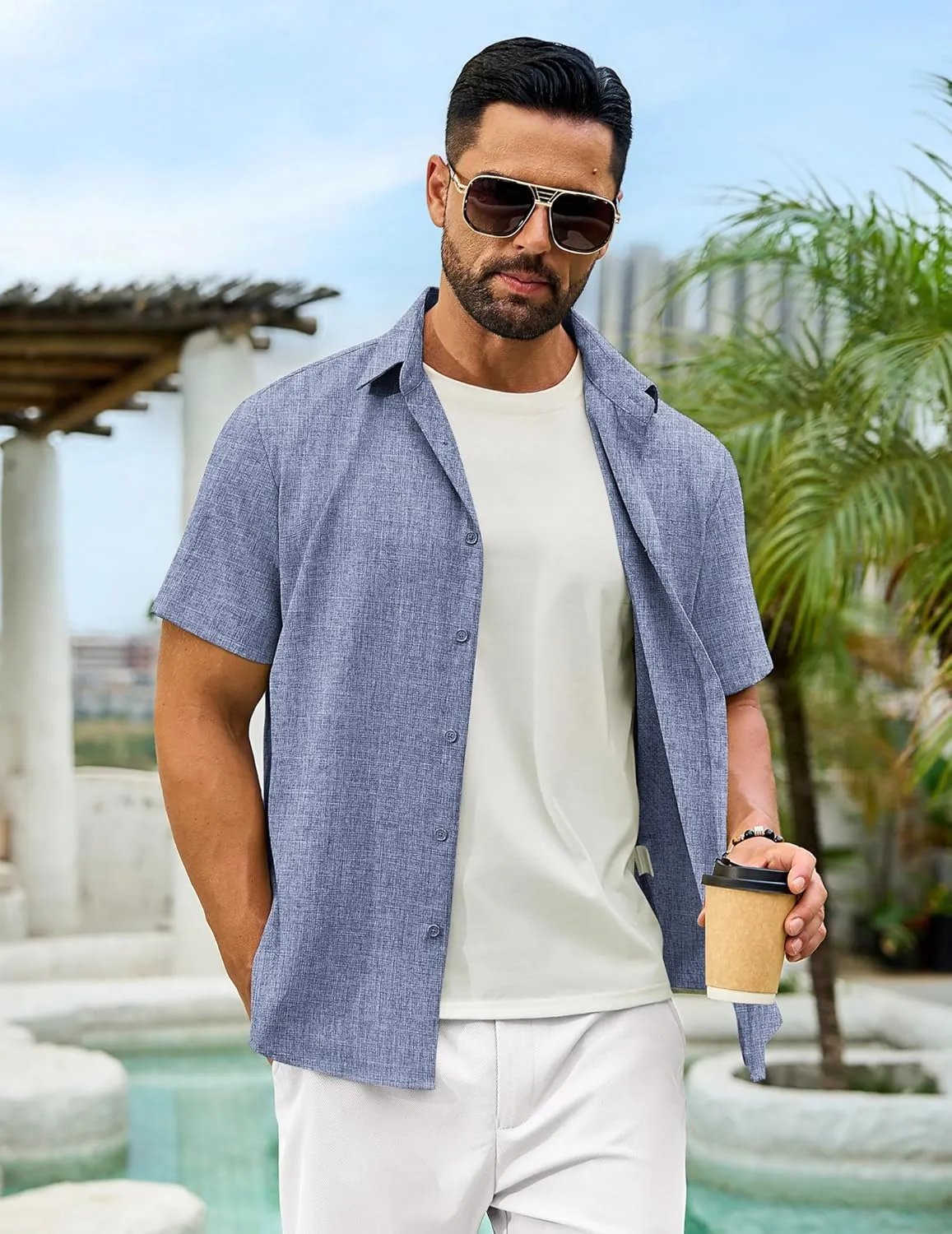 Men's Linen Shirts Short Sleeve Casual Button Down Shirts Summer Beach Wedding Vacation Cotton Tops