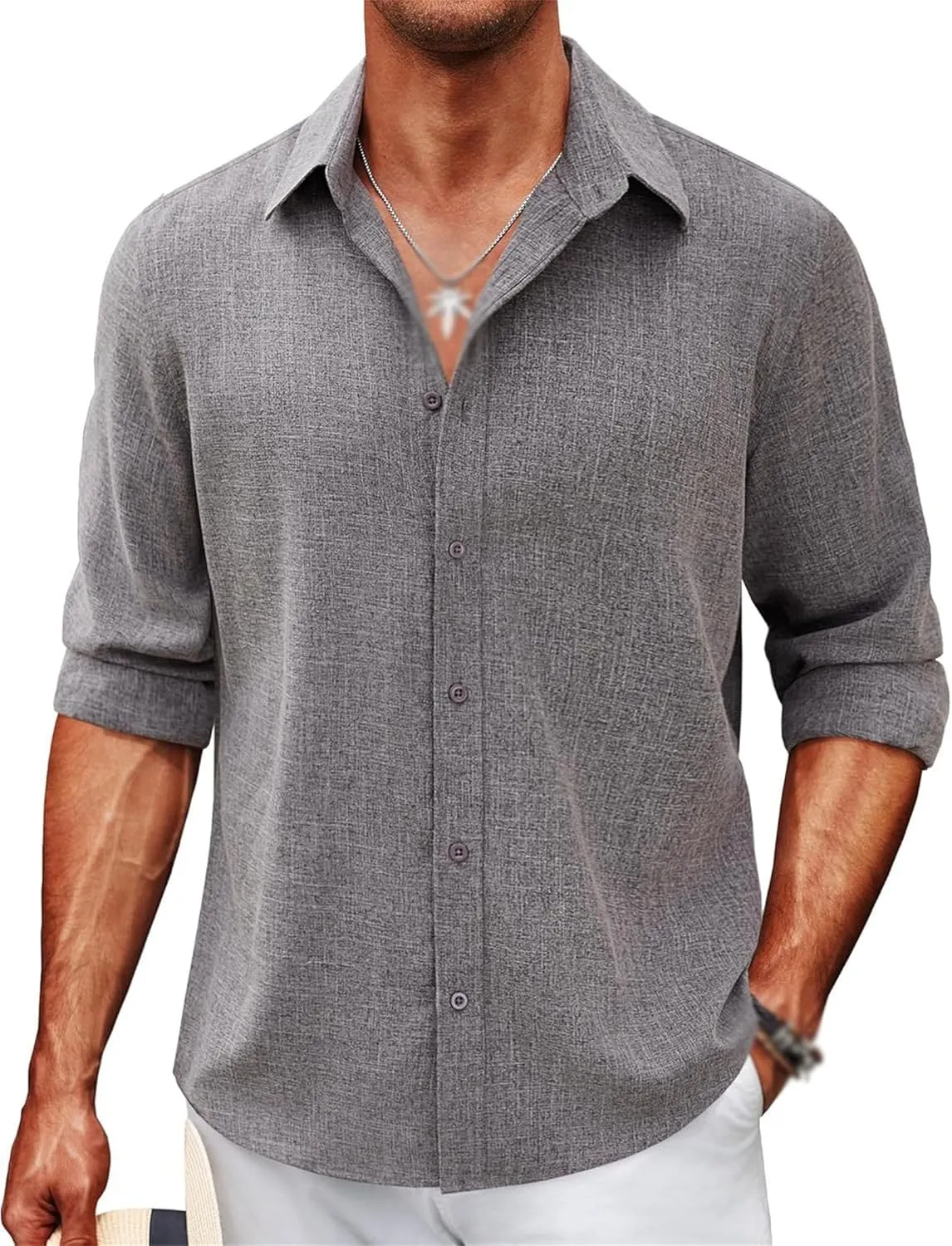 Men's Long Sleeve Button Down Linen Shirt Casual Button Down Shirts Wrinkle Free Wedding Shirts