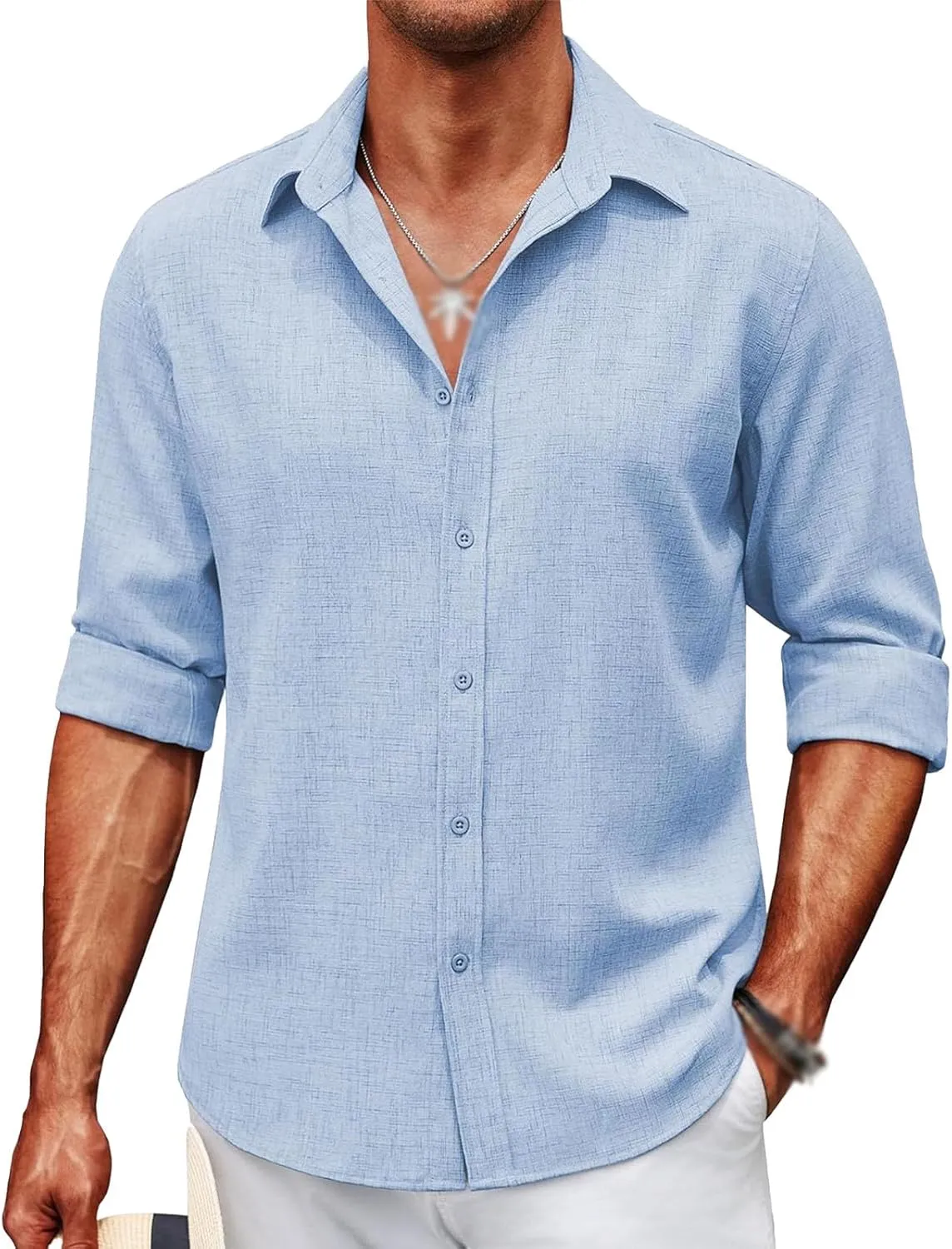 Men's Long Sleeve Button Down Linen Shirt Casual Button Down Shirts Wrinkle Free Wedding Shirts