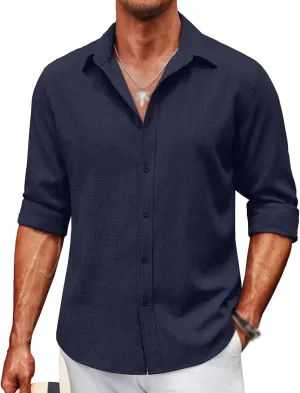 Men's Long Sleeve Button Down Linen Shirt Casual Button Down Shirts Wrinkle Free Wedding Shirts