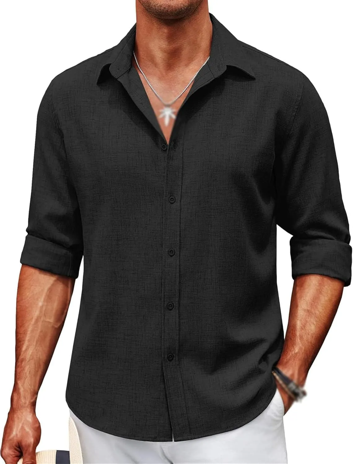 Men's Long Sleeve Button Down Linen Shirt Casual Button Down Shirts Wrinkle Free Wedding Shirts