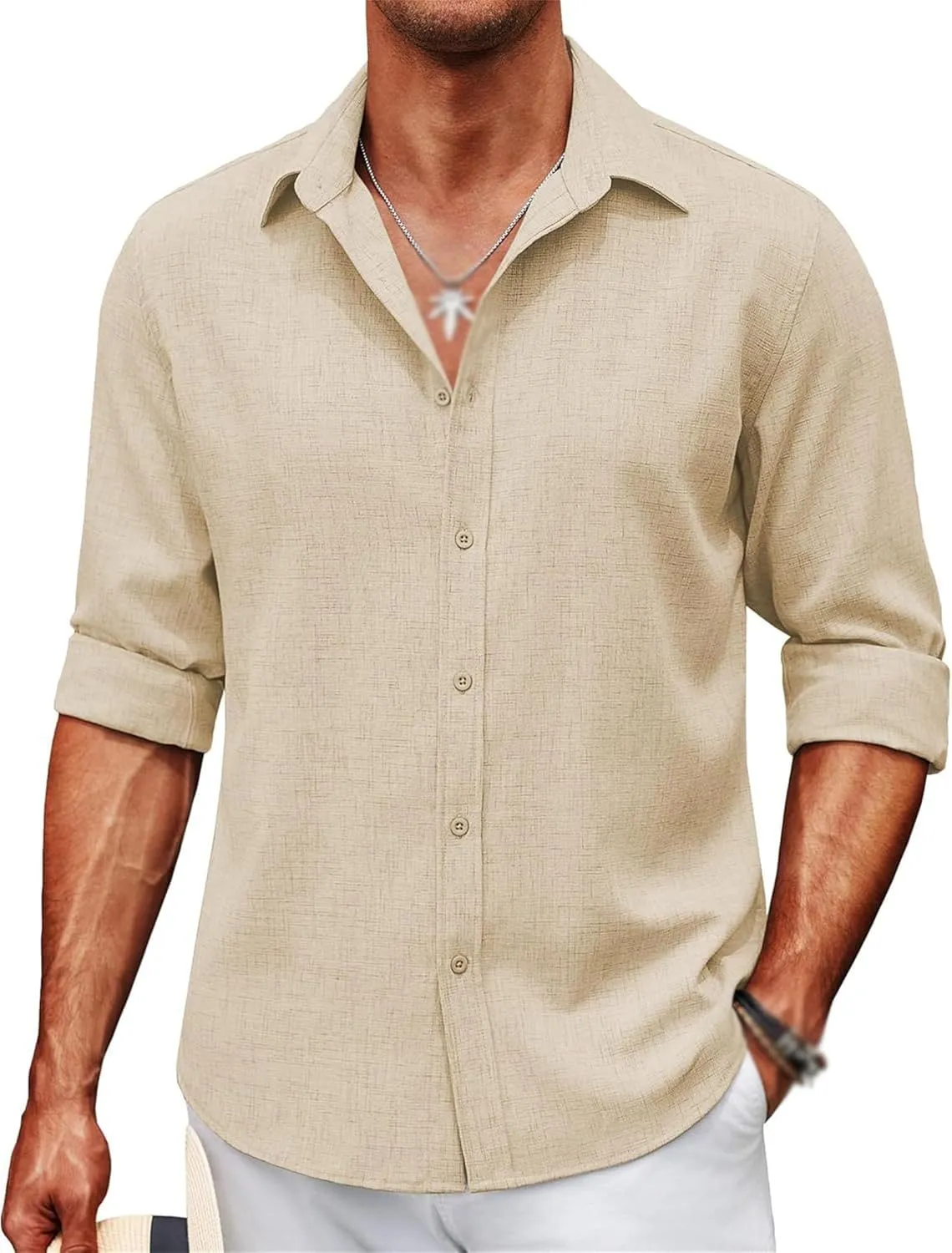 Men's Long Sleeve Button Down Linen Shirt Casual Button Down Shirts Wrinkle Free Wedding Shirts