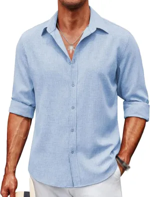 Men's Long Sleeve Button Down Linen Shirt Casual Button Down Shirts Wrinkle Free Wedding Shirts