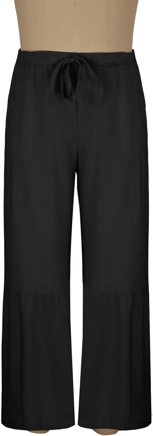 Men's Plus Size Linen Wide Leg Pants Casual Solid Loose Drawstring Waist Trouser Summer Ruffle Hem Beach Flowy Pants