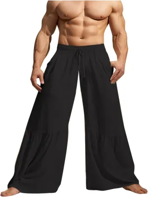 Men's Plus Size Linen Wide Leg Pants Casual Solid Loose Drawstring Waist Trouser Summer Ruffle Hem Beach Flowy Pants
