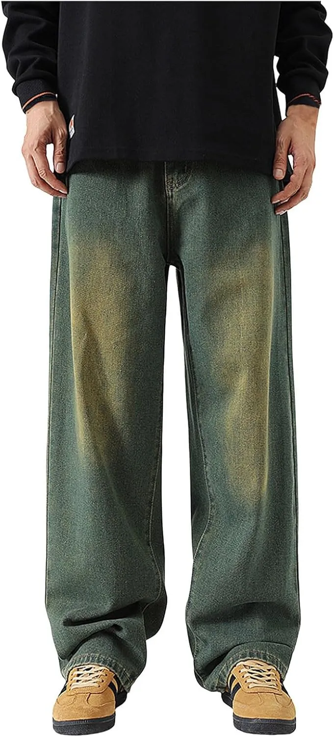 Men's Regular Fit Jeans Vintage Straight Wide Leg Denim Pants with Pockets Casual Streetwear Y2k Baggy Jeans Trousers