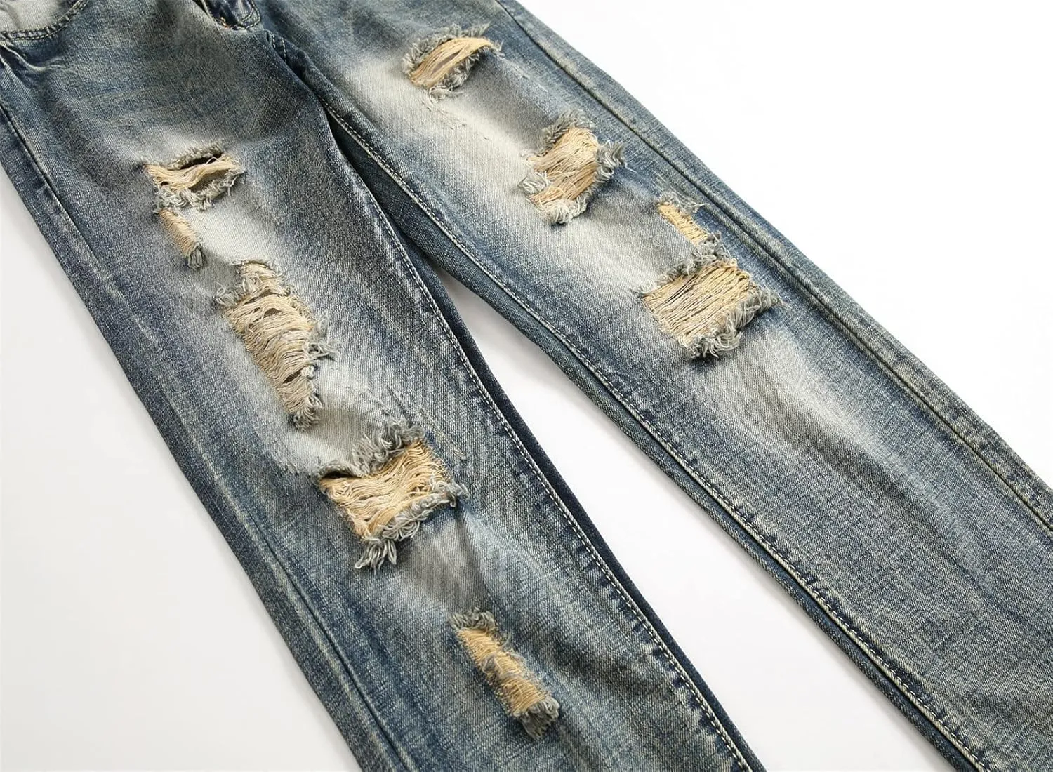 Men's Ripped Washed Slim Fit Jeans Straight Leg Hip Hop Denim Pants Vintage Distressed Skinny Jean Trousers