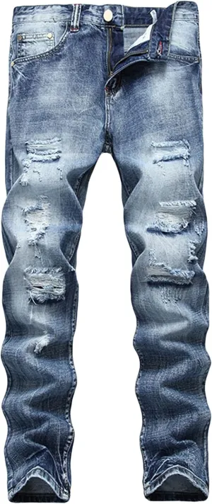 Men's Ripped Washed Slim Fit Jeans Straight Leg Hip Hop Denim Pants Vintage Distressed Skinny Jean Trousers