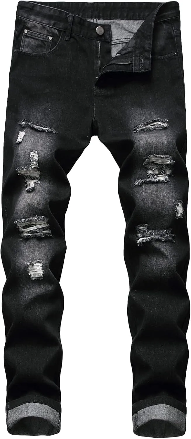 Men's Ripped Washed Slim Fit Jeans Straight Leg Hip Hop Denim Pants Vintage Distressed Skinny Jean Trousers